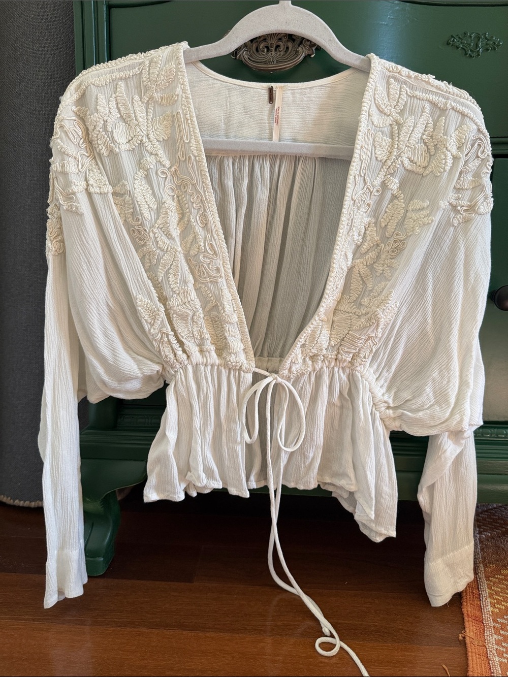 Free People Cream Embroidered Tie-Front Blouse